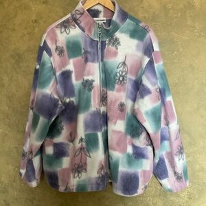 Vintage Alfred Dunner Daisy Pastel Watercolour Full Zip Oversized Fleece Jacket